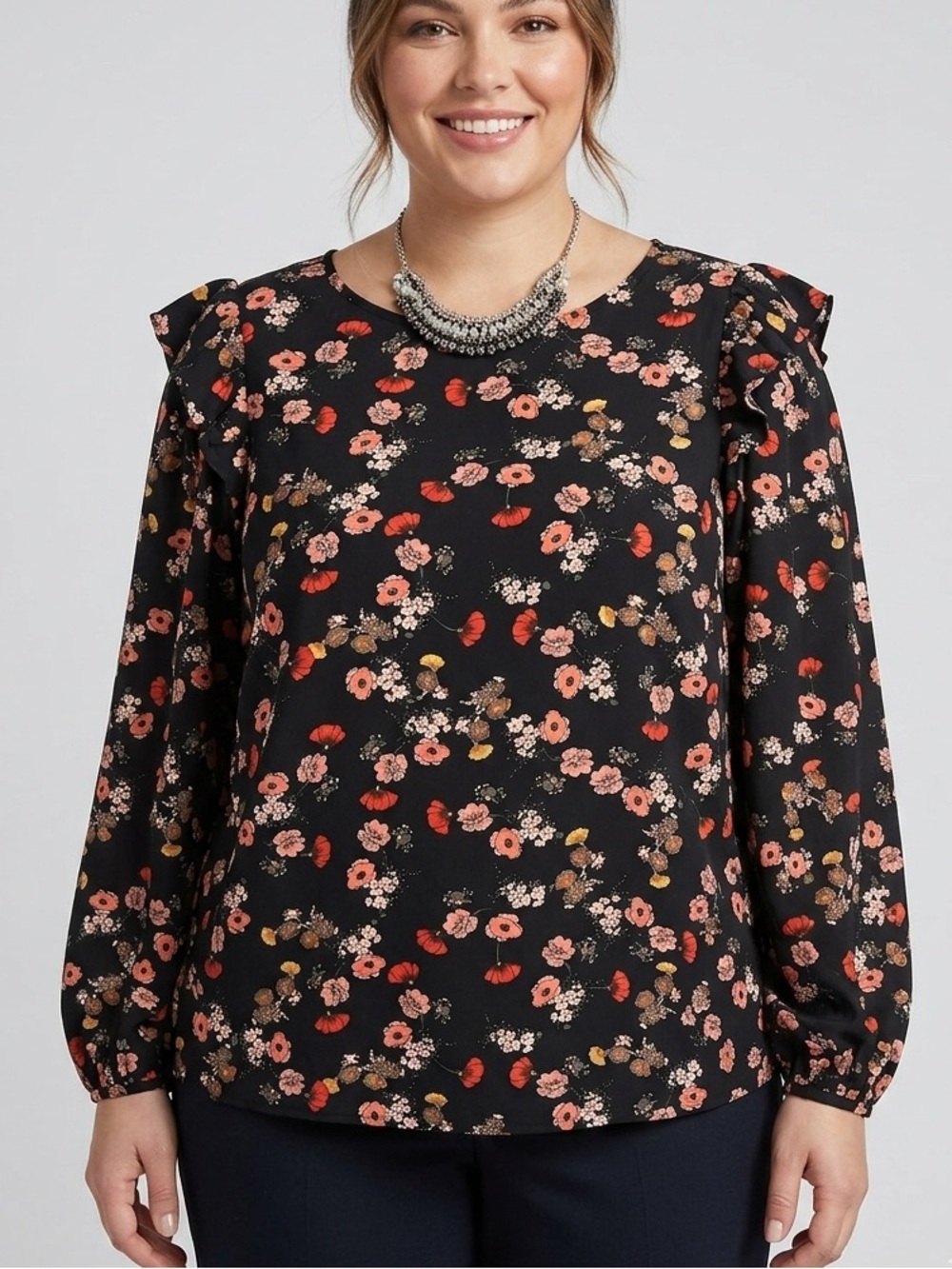 🥰SHOW SPECIAL ELOQUII Black Long Sleeve Floral Ruffle Blouse Size 20 No Stretch